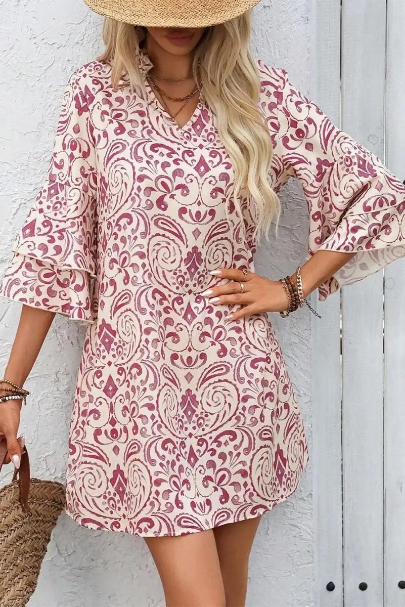 Pink Paisley Print Tiered 3/4 Sleeve Notched Neck Mini Dress - Love Salve